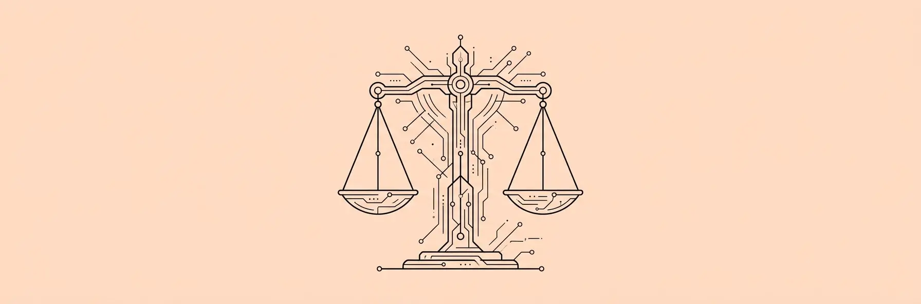futuristic glowing scales of justice with digital data nodes