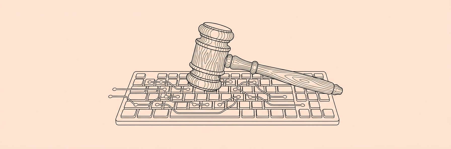 a wooden gavel resting on a computer keyboard with glowing AI network lines