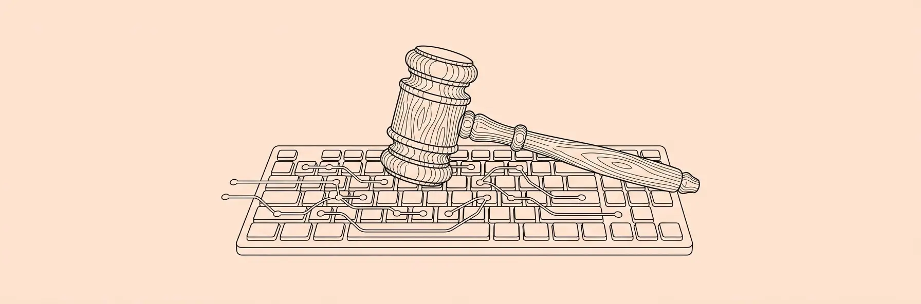 a wooden gavel resting on a computer keyboard with glowing AI network lines