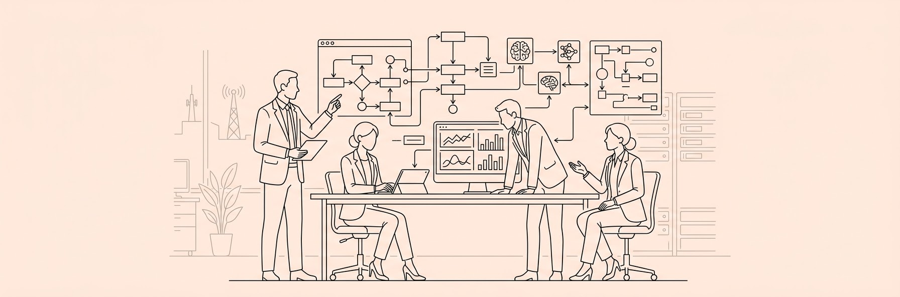 corporate legal team working with artificial intelligence workflow interface in modern telecom office
