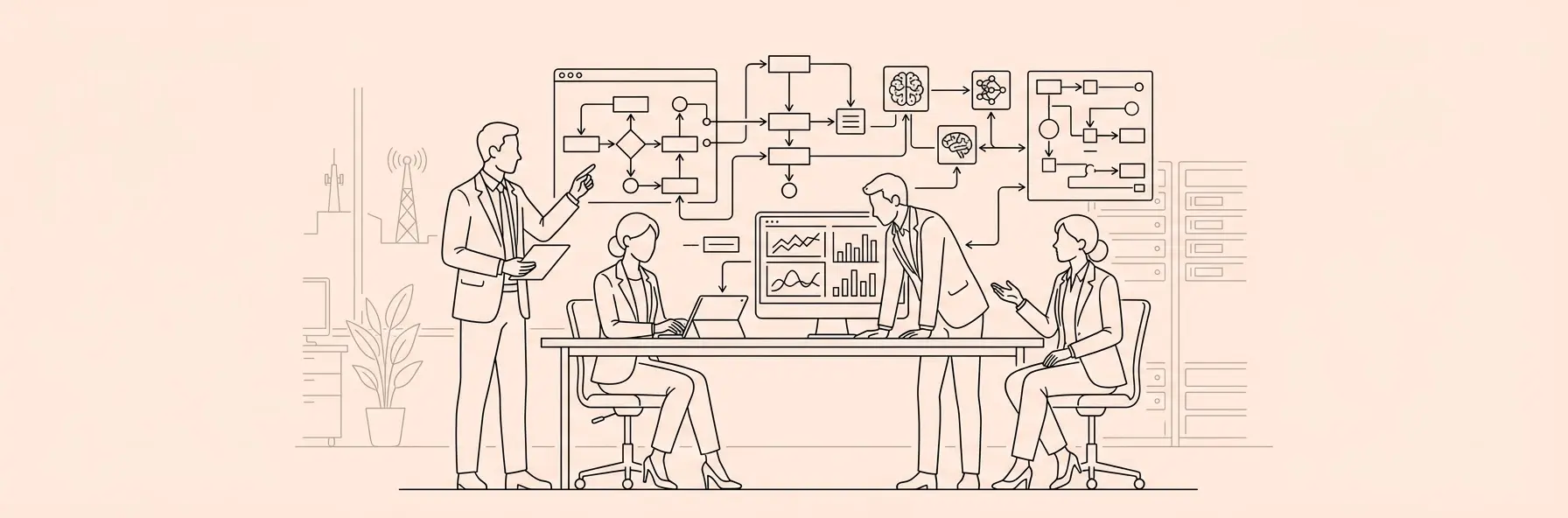 corporate legal team working with artificial intelligence workflow interface in modern telecom office