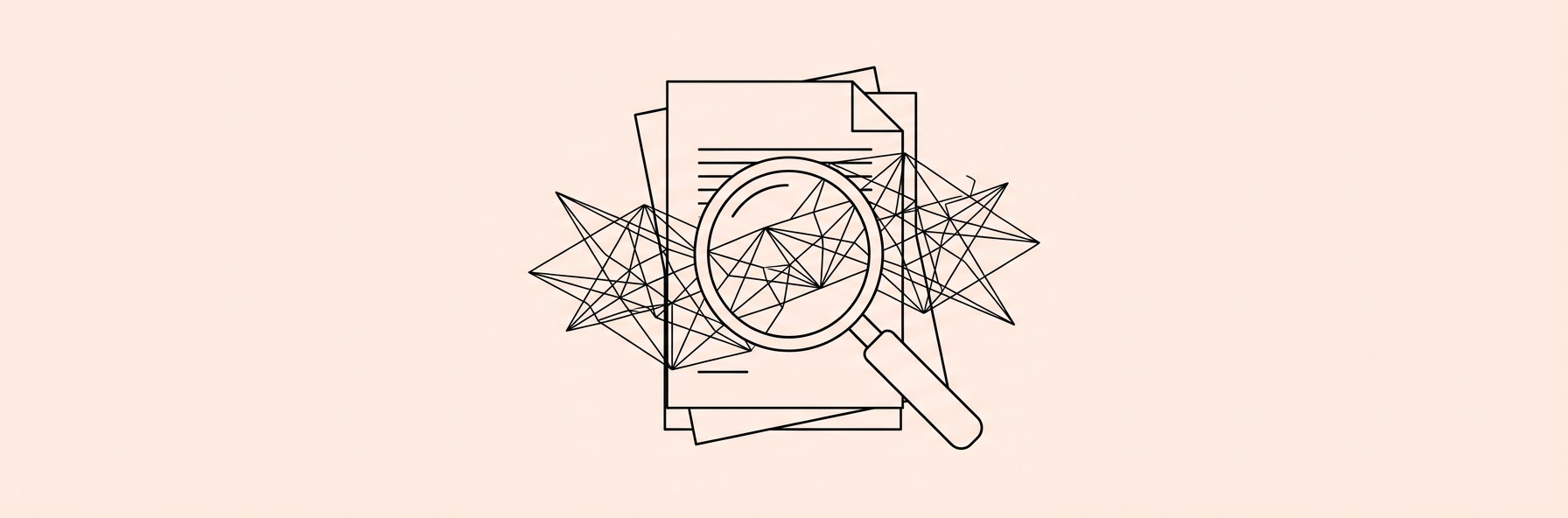 magnifying glass examining a stack of legal documents overlaid with glowing digital neural networks