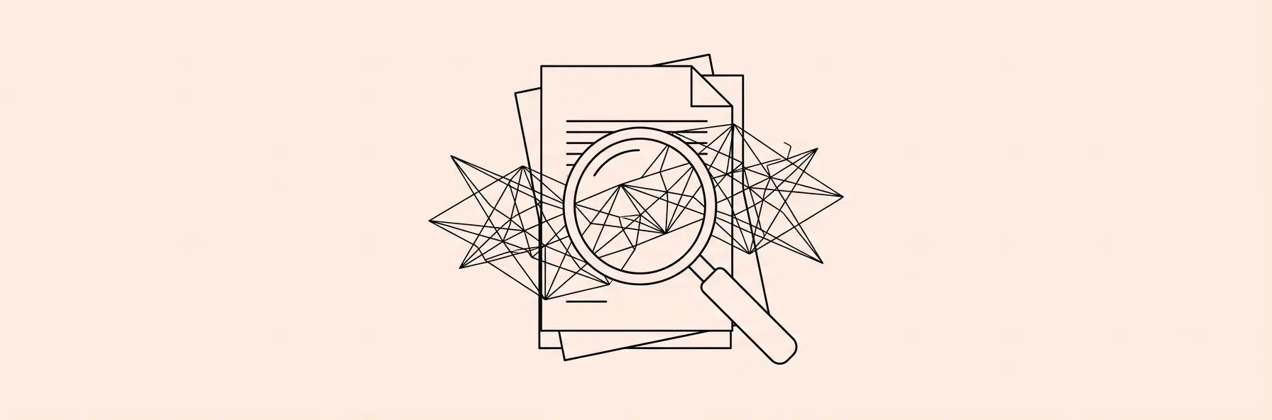magnifying glass examining a stack of legal documents overlaid with glowing digital neural networks