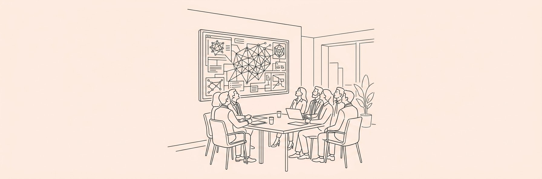 modern corporate meeting room with legal professionals reviewing a digital AI interface on a large screen