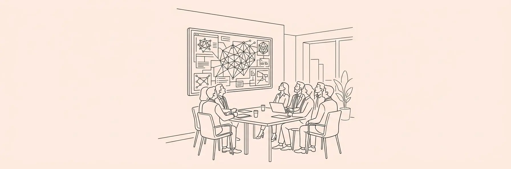 modern corporate meeting room with legal professionals reviewing a digital AI interface on a large screen