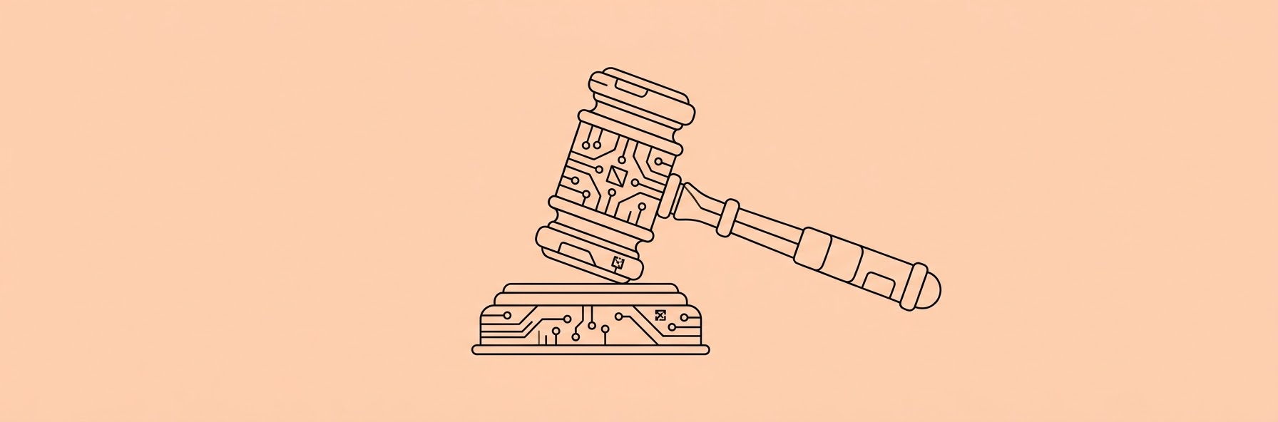 digital glowing judge gavel with AI circuitry on a dark blue background