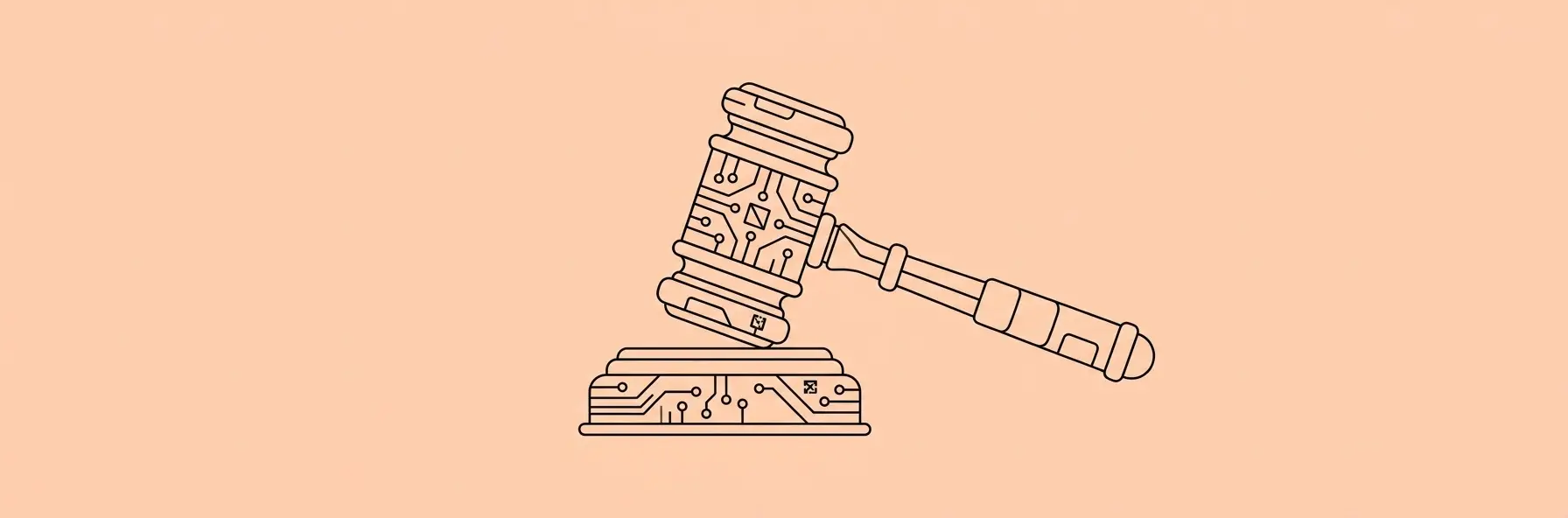 digital glowing judge gavel with AI circuitry on a dark blue background