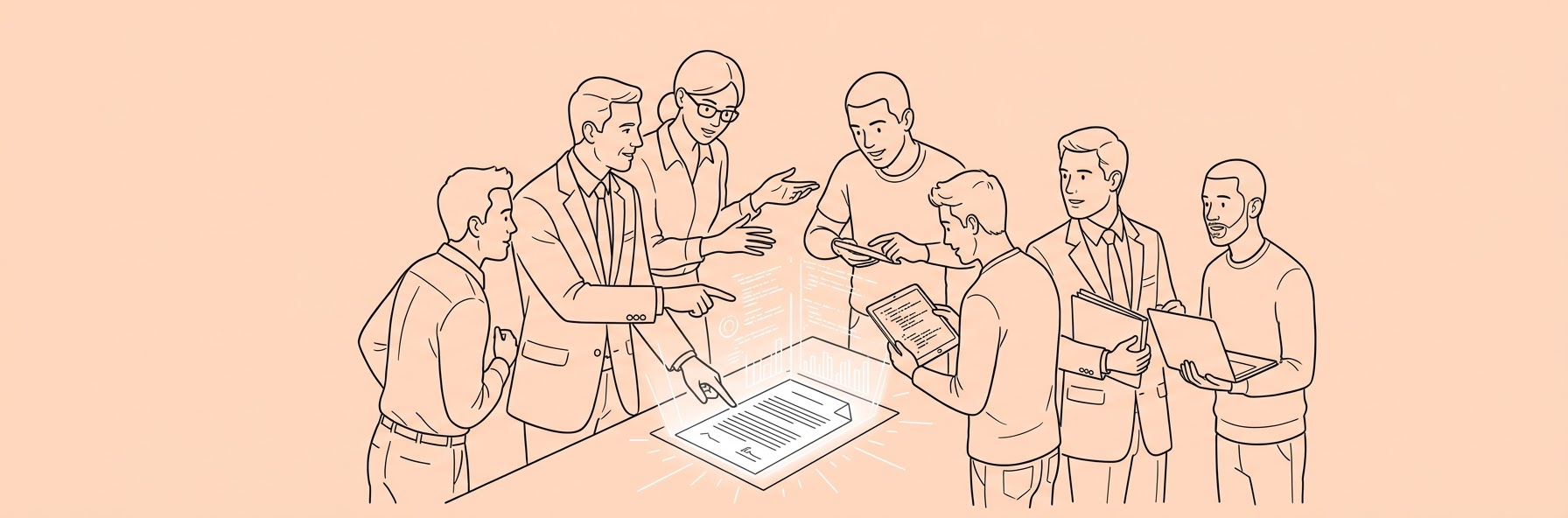 corporate lawyers and software developers collaborating around a glowing digital document