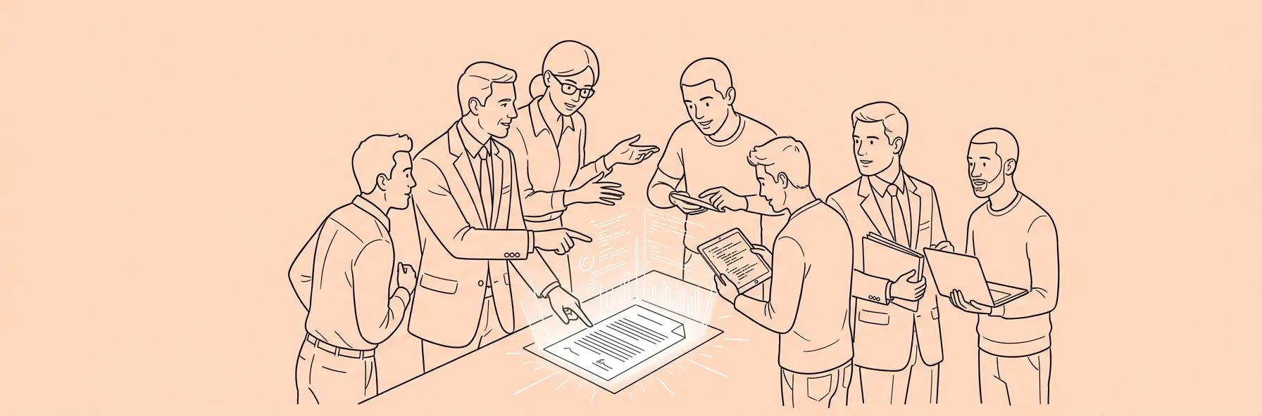 corporate lawyers and software developers collaborating around a glowing digital document