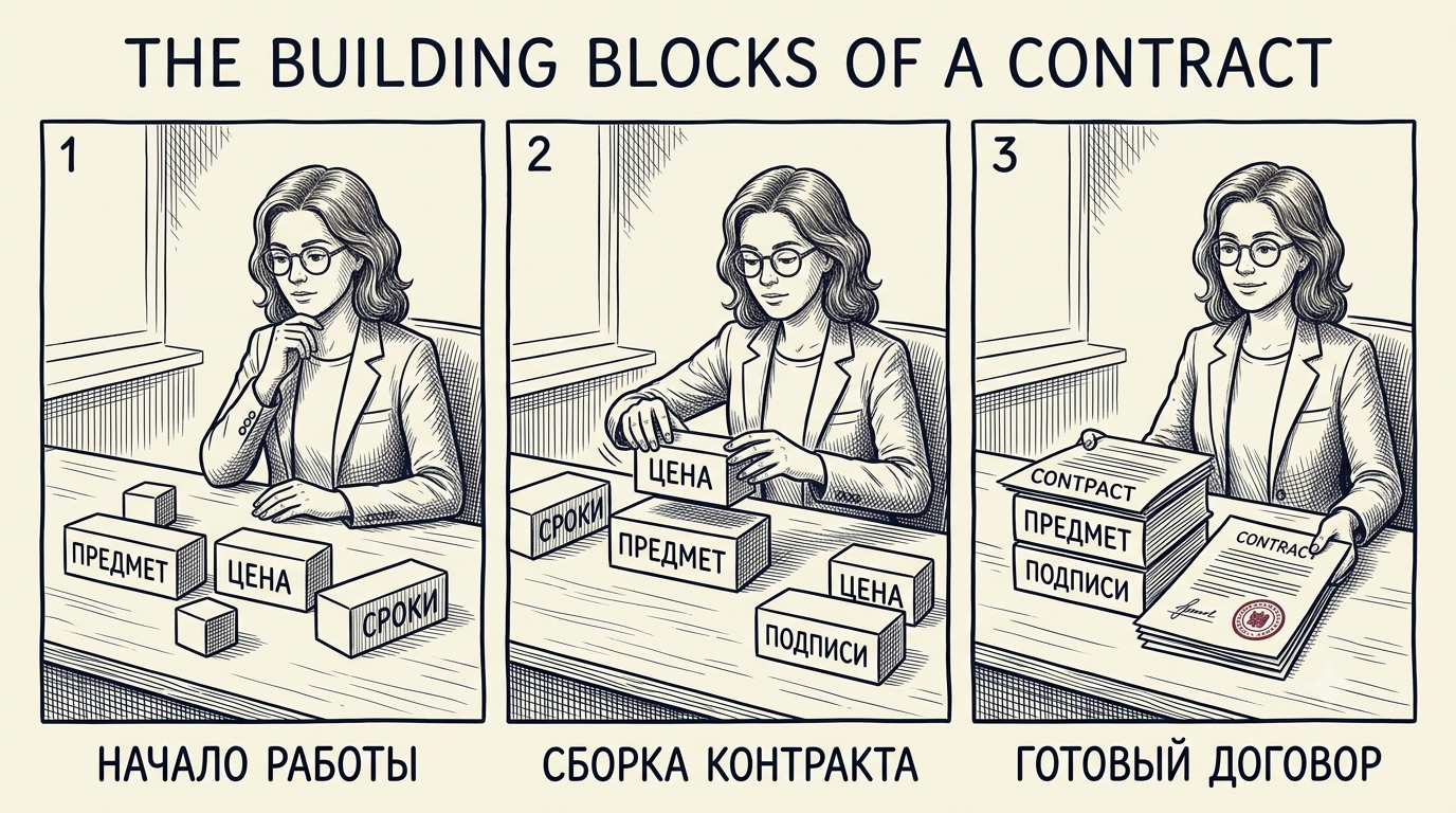 Договор собирается из обязательных разделов: предмет, цена, сроки, подписи