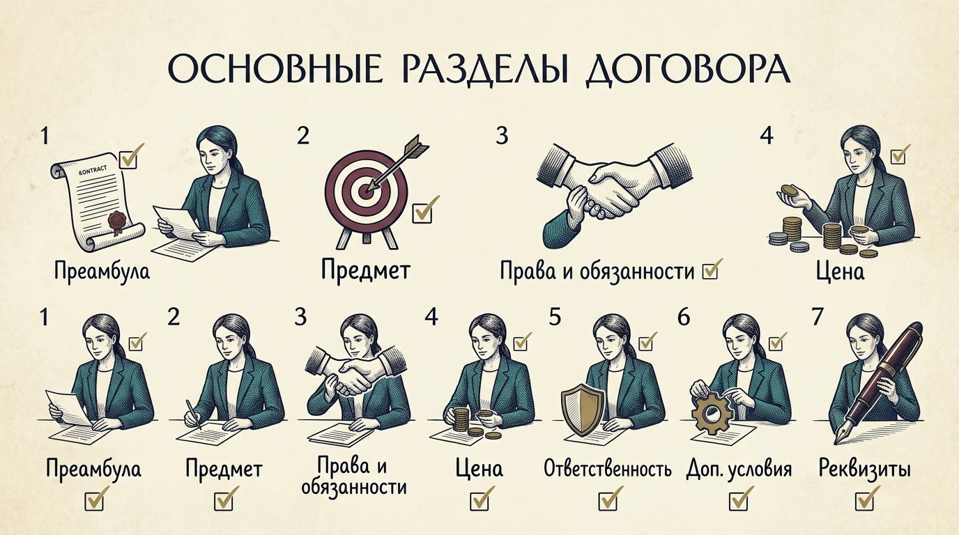 Семь обязательных разделов договора: преамбула, предмет, права и обязанности, цена, ответственность, дополнительные условия, реквизиты