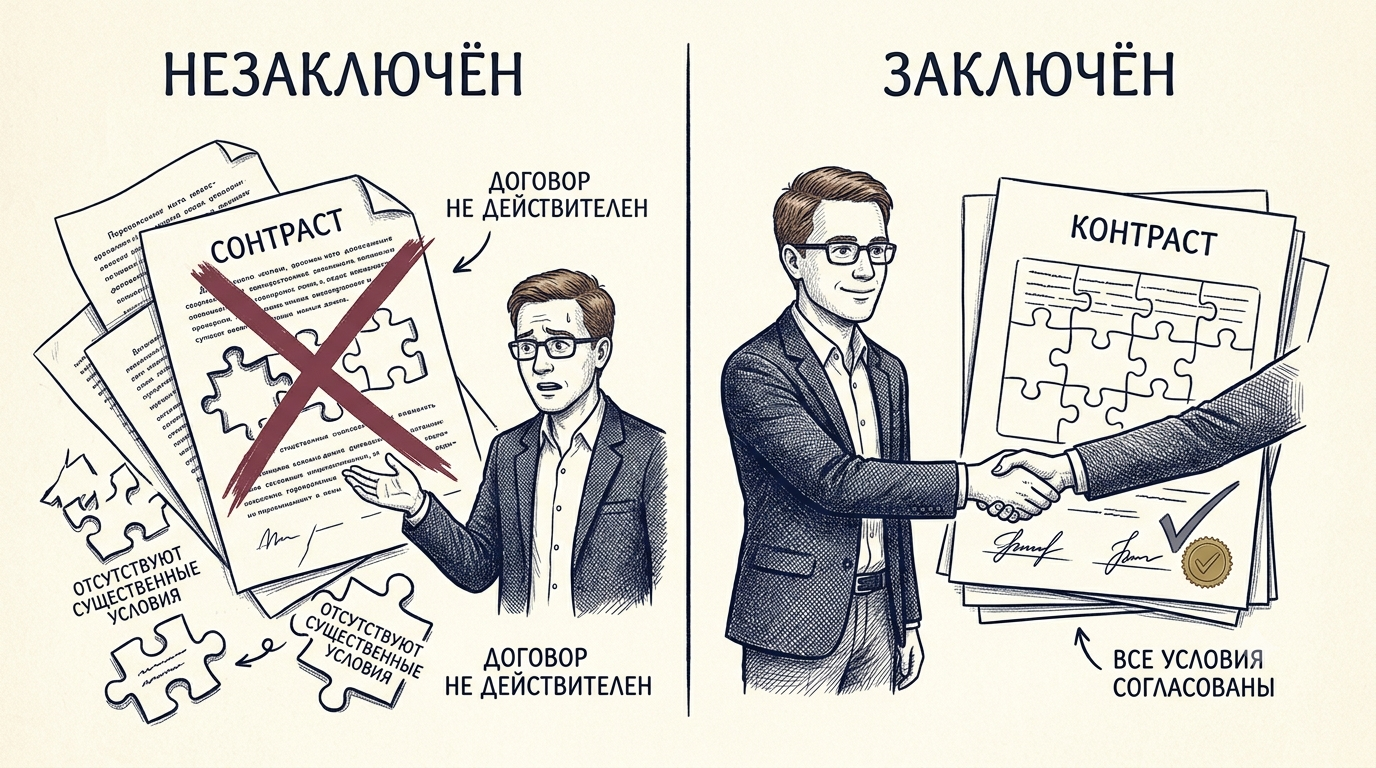 Сравнение: незаключённый договор без существенных условий и заключённый договор со всеми согласованными условиями