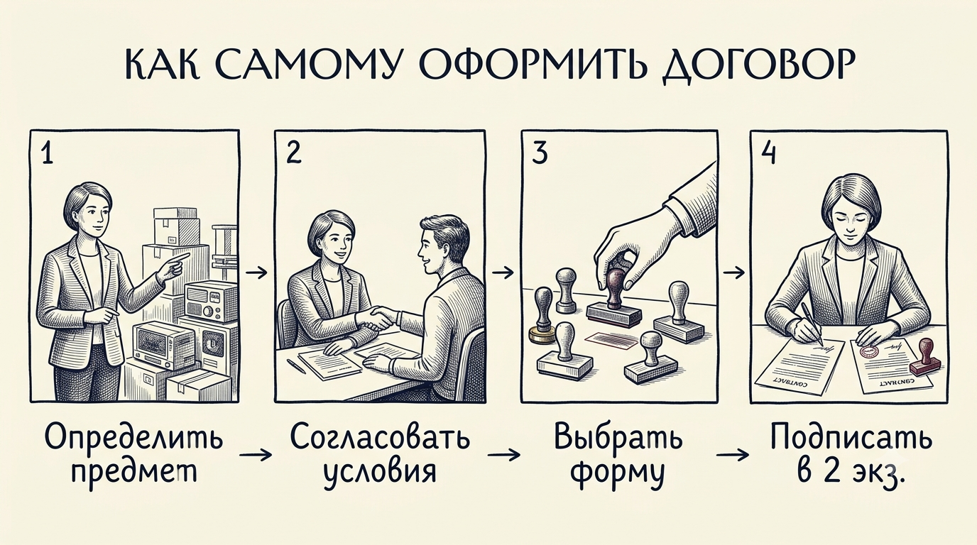 Пошаговый алгоритм: определить предмет, согласовать условия, выбрать форму, подписать в двух экземплярах