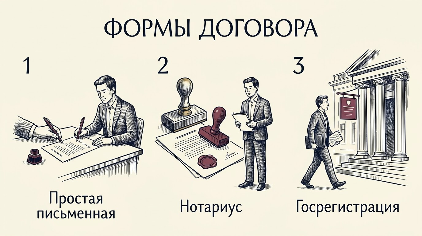 Три формы договора: простая письменная, нотариальная и с государственной регистрацией