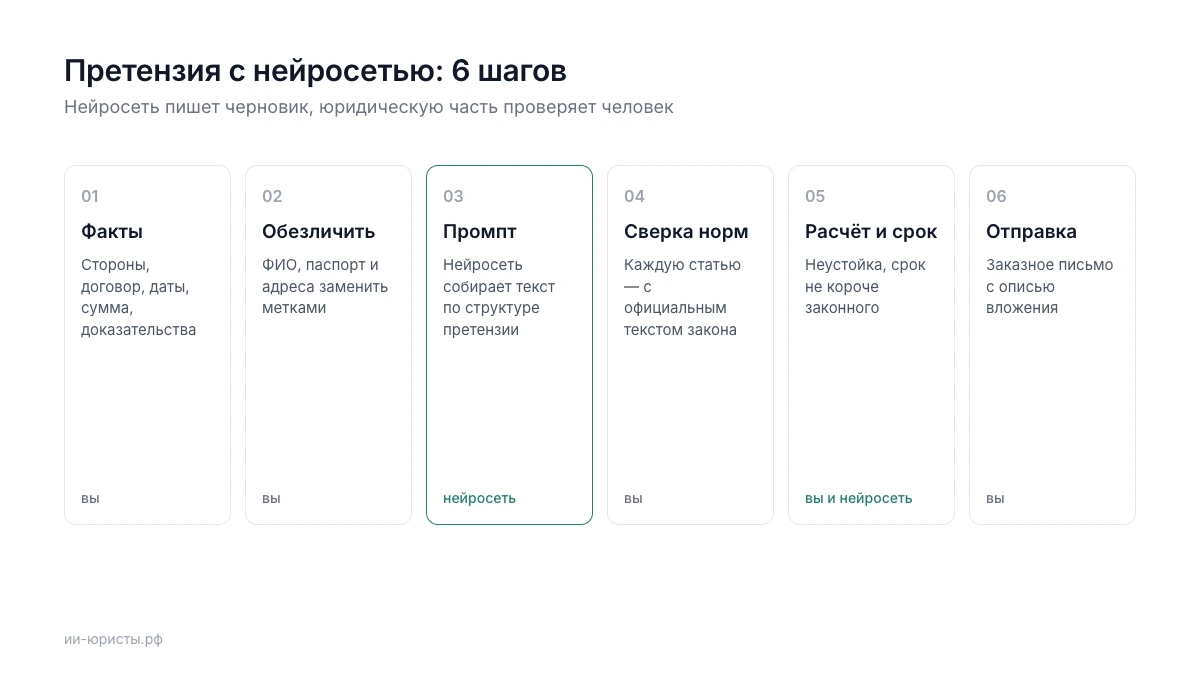 Шесть шагов: факты, обезличивание, промпт, сверка норм, расчёт, отправка