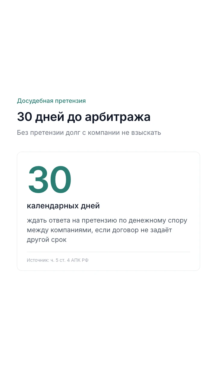 30 календарных дней ждать ответа на претензию по денежному спору между компаниями, ч. 5 ст. 4 АПК РФ