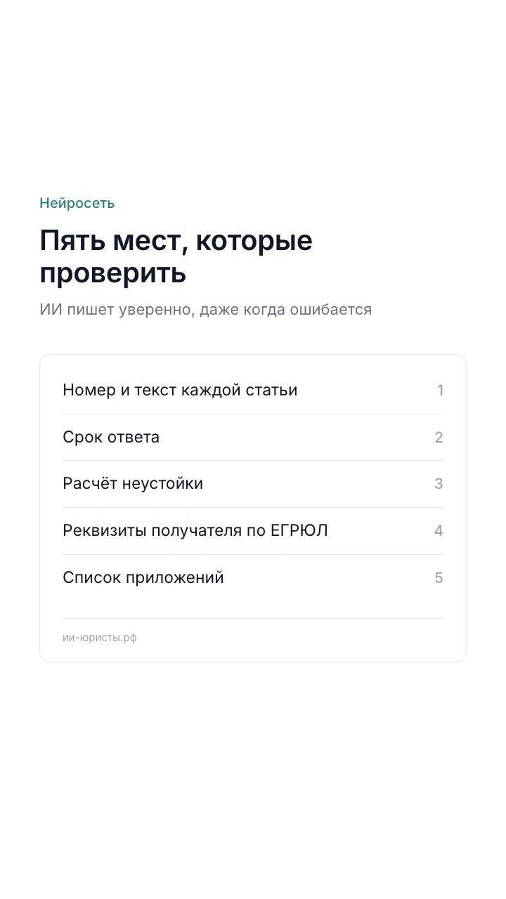 Что проверить после нейросети: статьи, срок, неустойку, реквизиты, приложения
