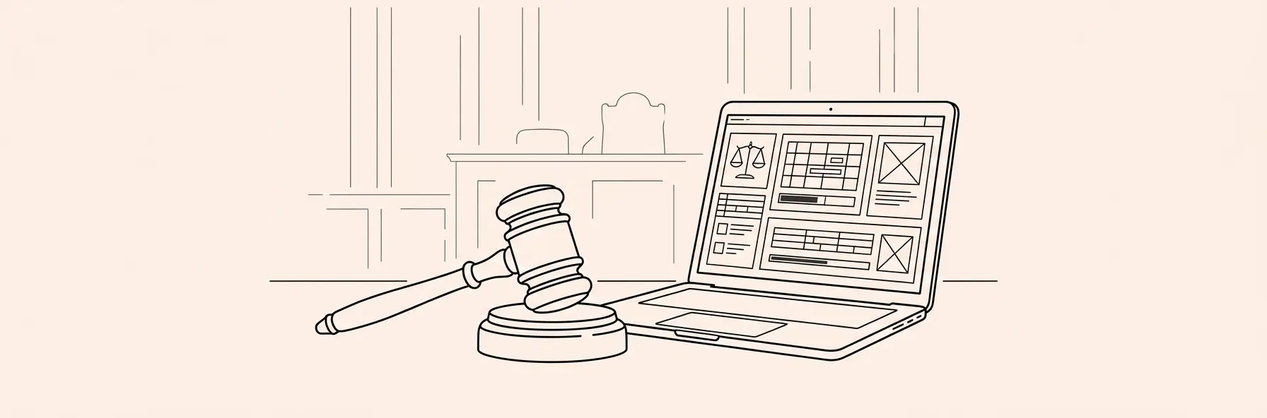 a wooden judge gavel resting next to a modern laptop screen displaying glowing legal data interface, blurred courtroom background