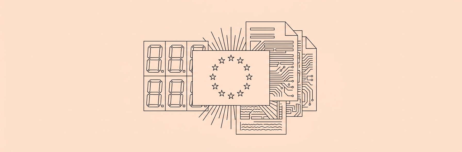 a digital clock countdown merging with a glowing European Union flag and abstract AI legal documents