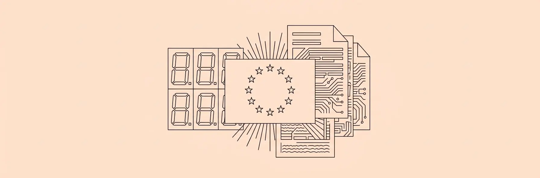 a digital clock countdown merging with a glowing European Union flag and abstract AI legal documents