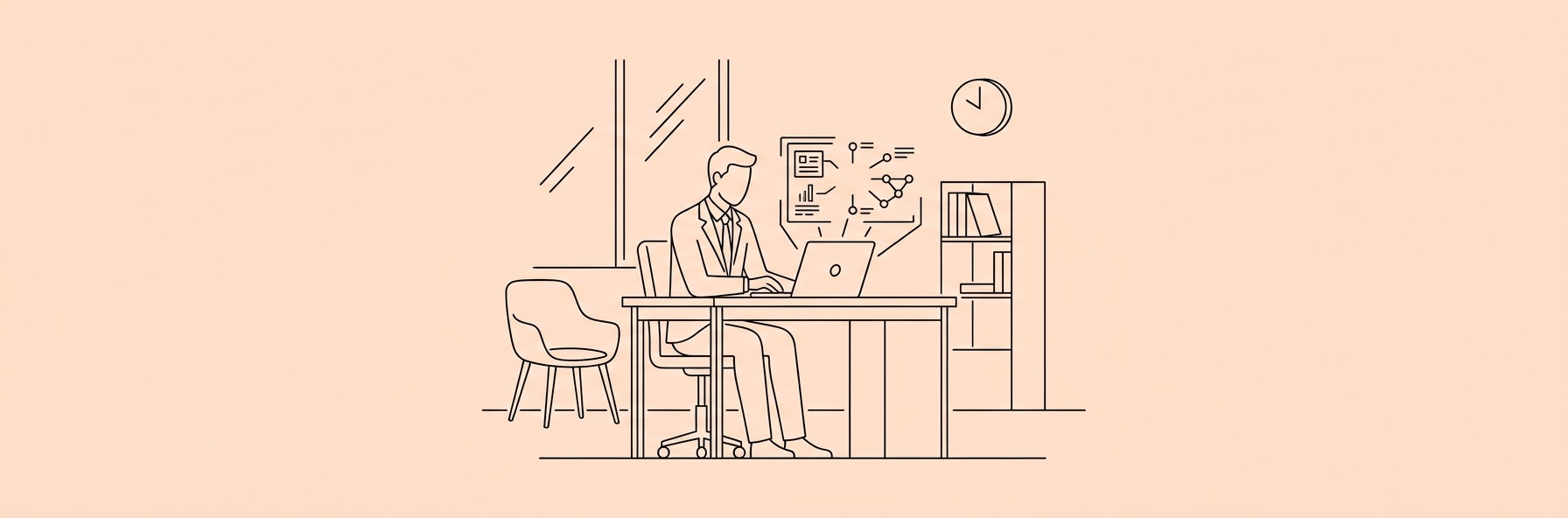 A modern minimalist office with a lawyer looking at a glowing holographic AI interface on a laptop