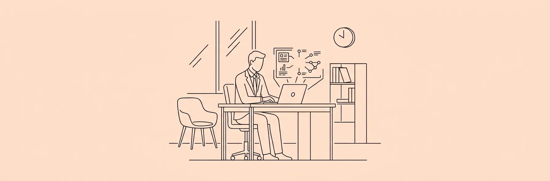 A modern minimalist office with a lawyer looking at a glowing holographic AI interface on a laptop