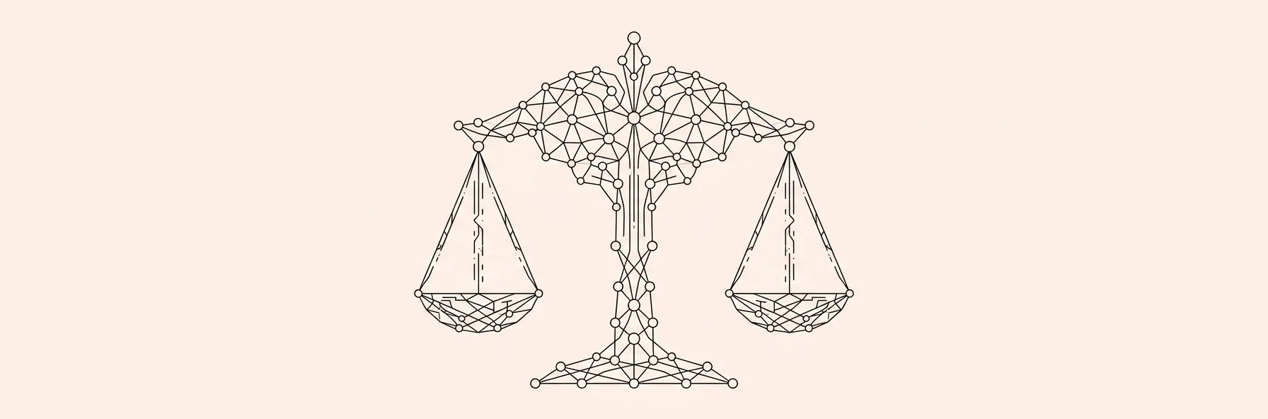 glowing digital scales of justice integrated with a futuristic neural network in a modern corporate law office
