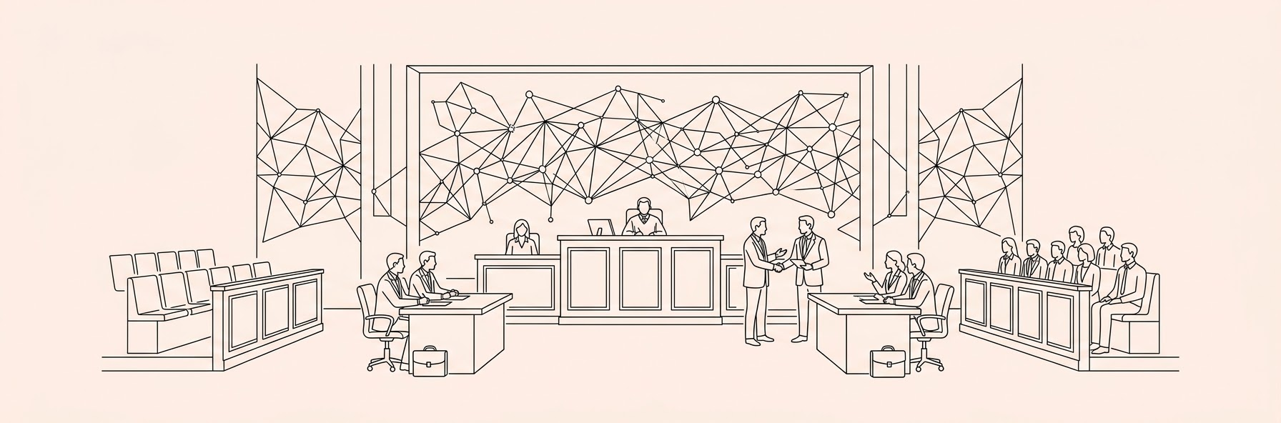 futuristic courtroom with glowing AI network nodes and corporate lawyers