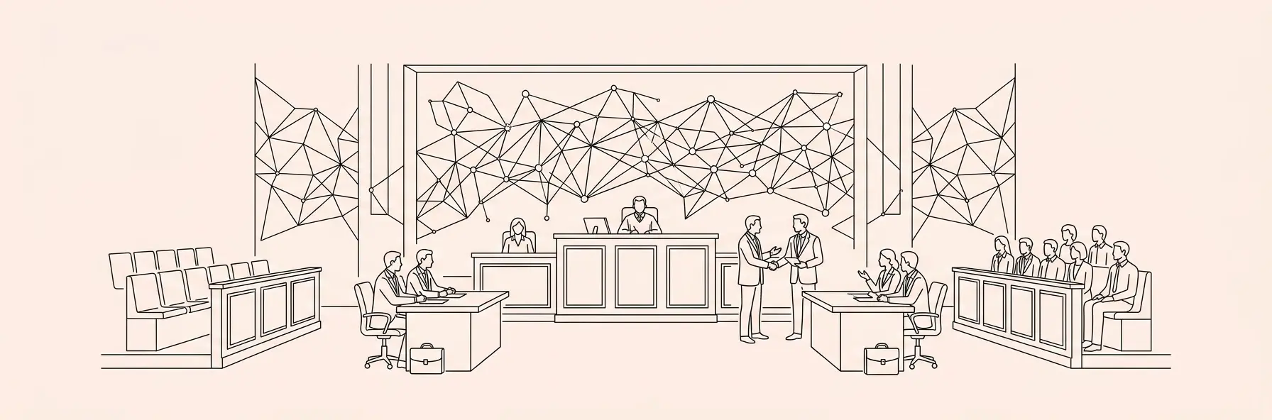 futuristic courtroom with glowing AI network nodes and corporate lawyers