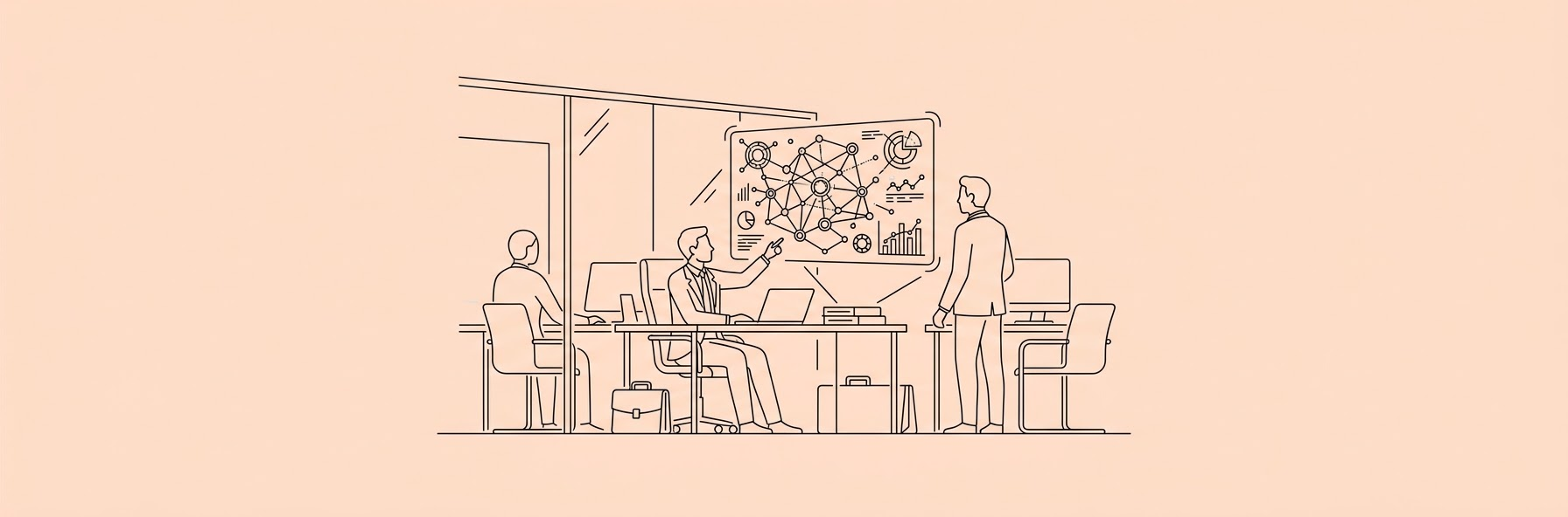 a modern law firm office where professionals are working with a unified glowing digital network displayed on a holographic screen