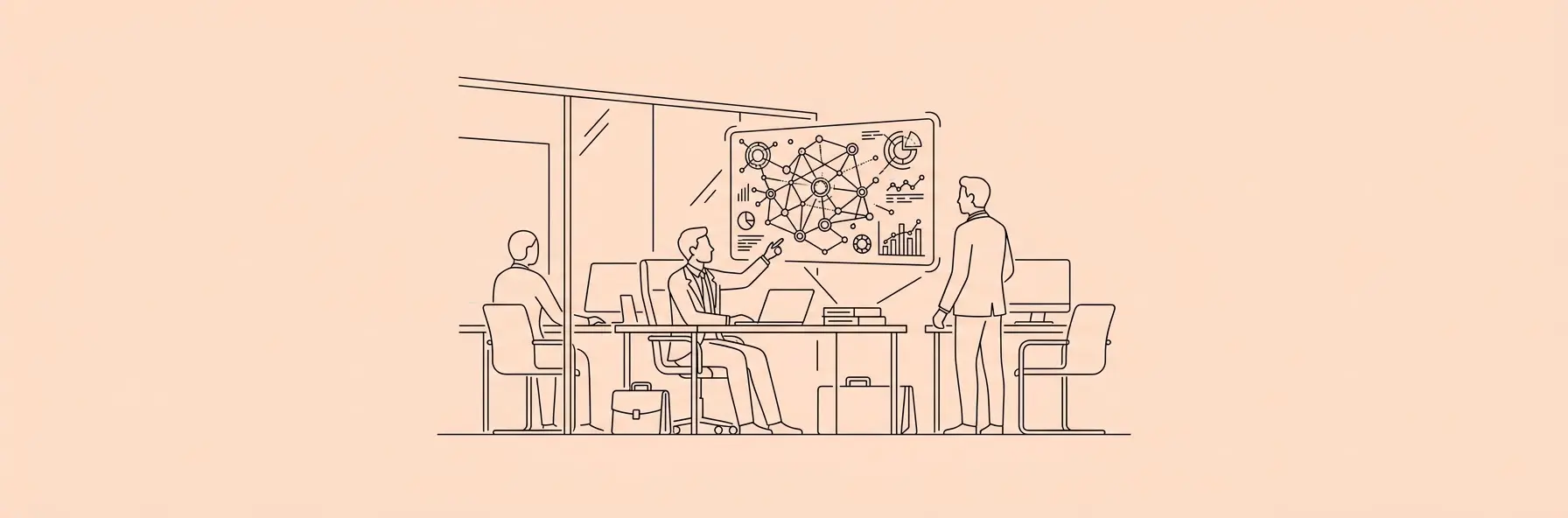 a modern law firm office where professionals are working with a unified glowing digital network displayed on a holographic screen