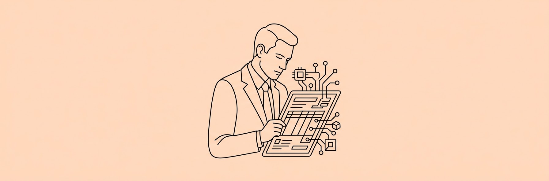 corporate lawyer examining a billing document integrated with glowing digital AI nodes