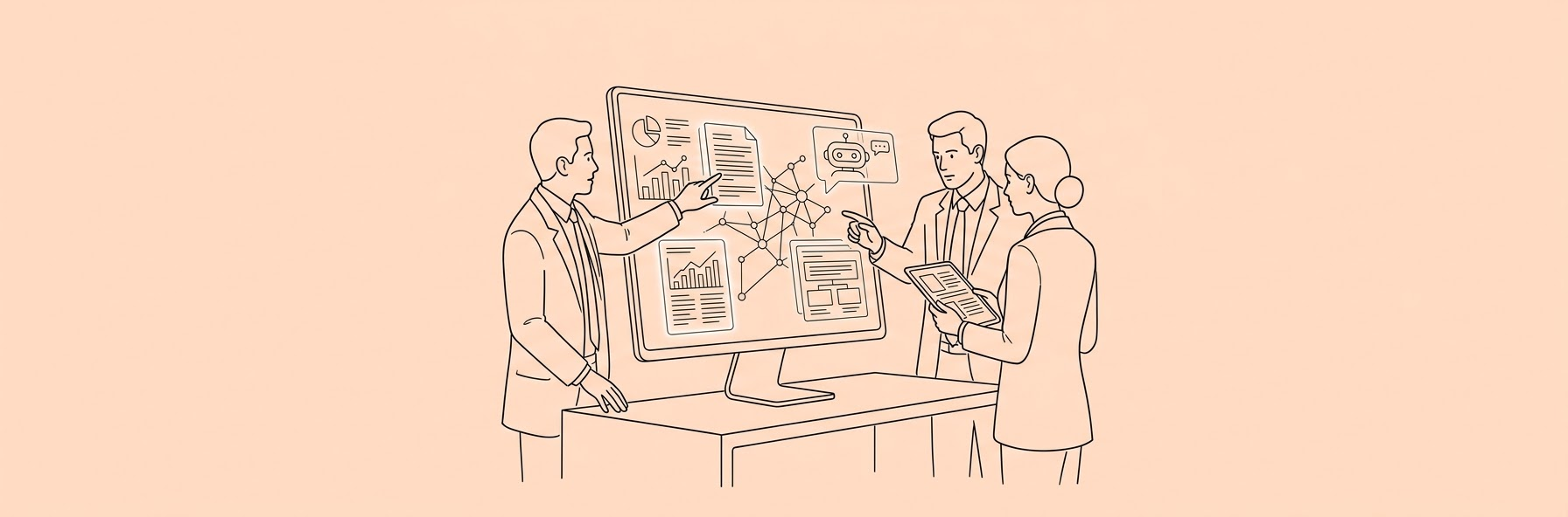 lawyers discussing digital documents with artificial intelligence interface