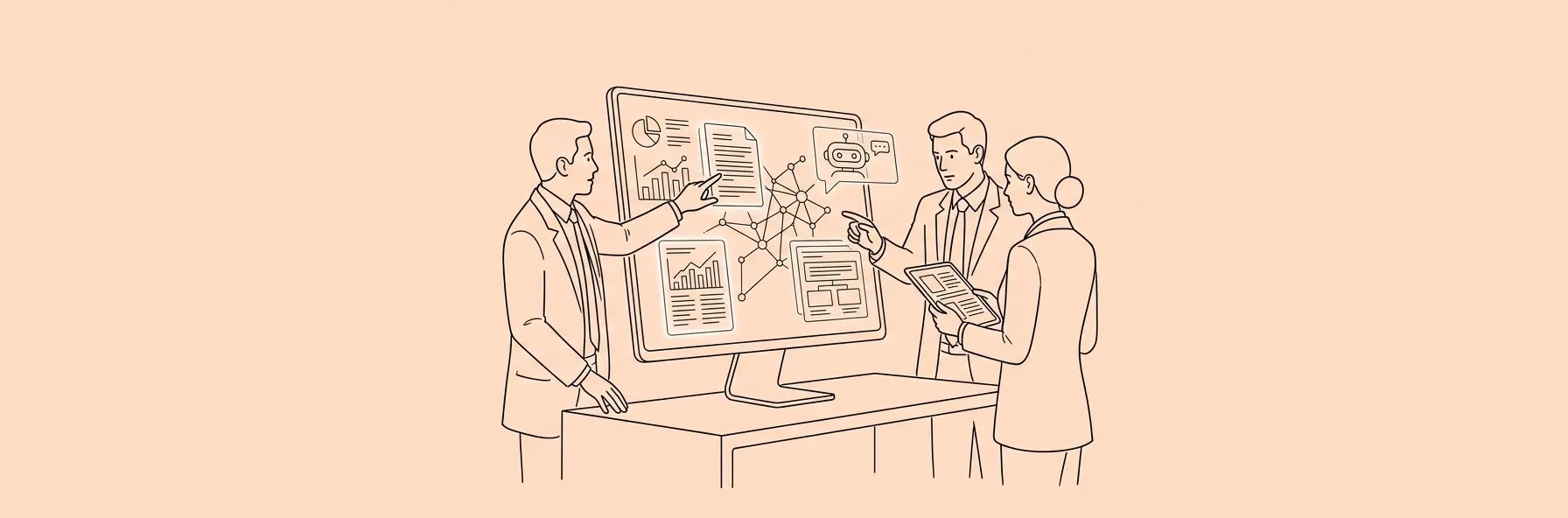lawyers discussing digital documents with artificial intelligence interface