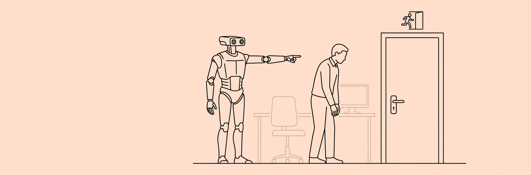 robot boss pointing at exit door in front of a human employee