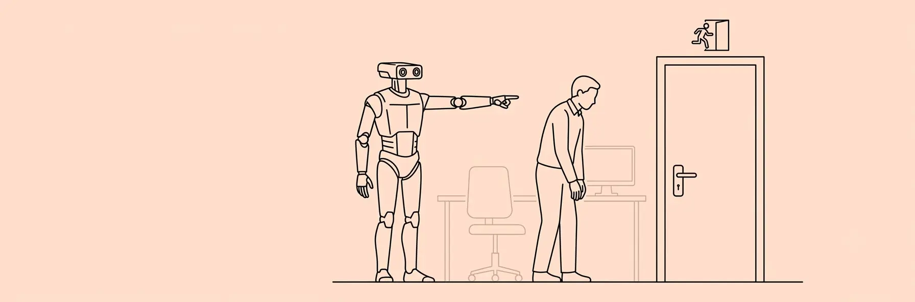 robot boss pointing at exit door in front of a human employee
