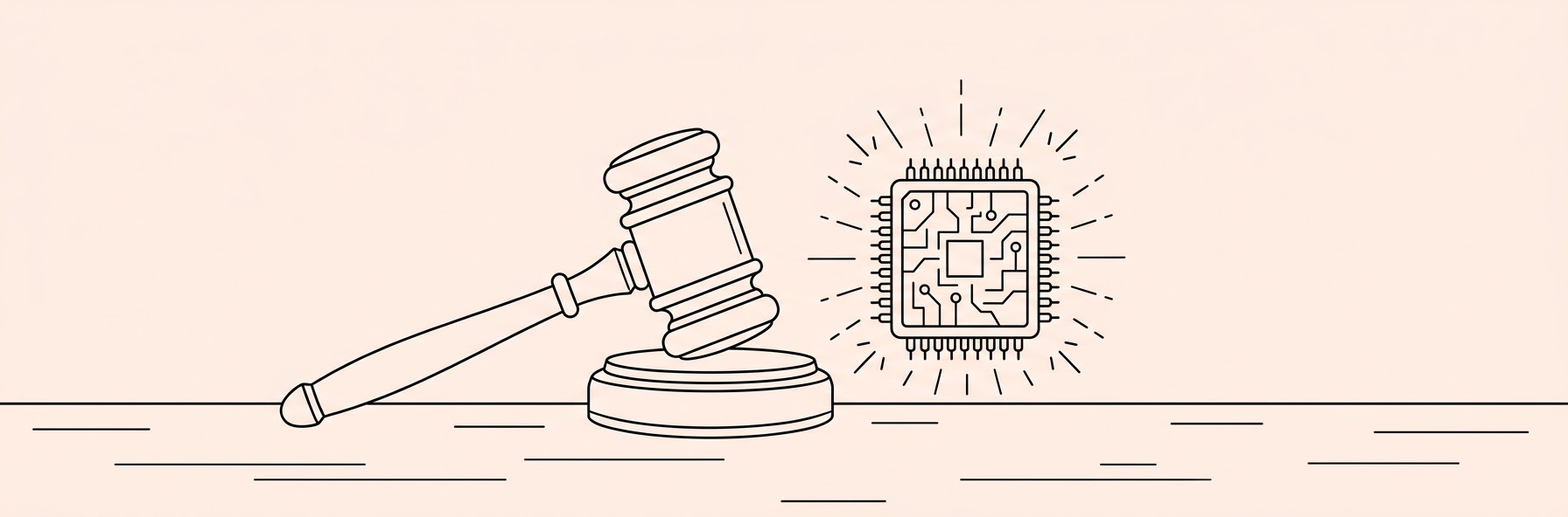 a judge gavel next to a glowing artificial intelligence microchip on a wooden desk