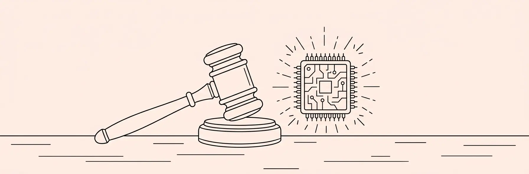 a judge gavel next to a glowing artificial intelligence microchip on a wooden desk