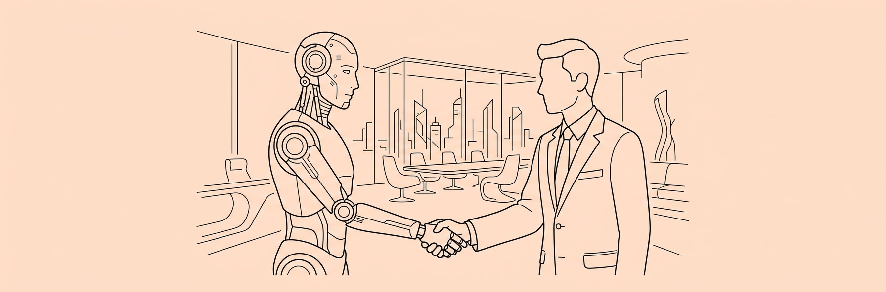 AI robot shaking hands with a lawyer in a futuristic corporate office
