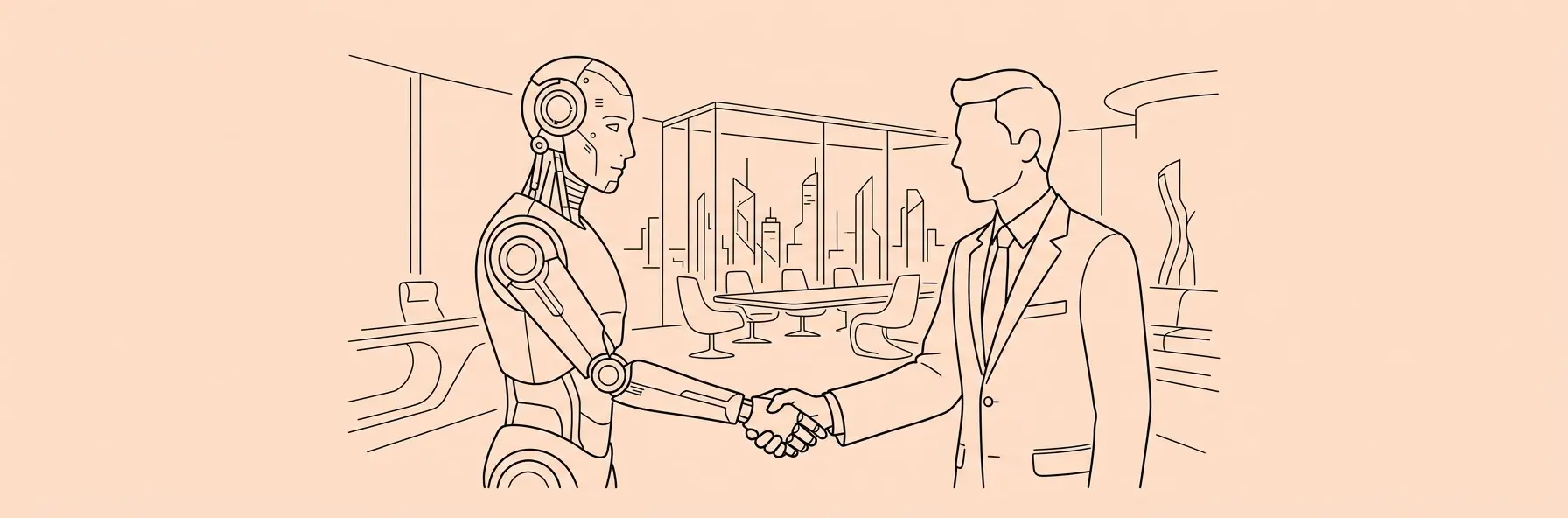 AI robot shaking hands with a lawyer in a futuristic corporate office