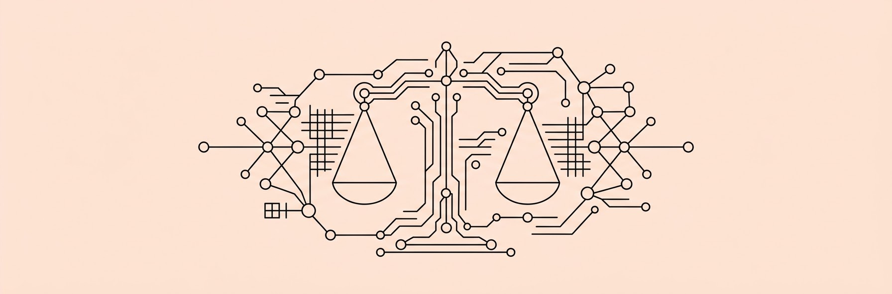digital legal scales integrated into a glowing artificial intelligence node network