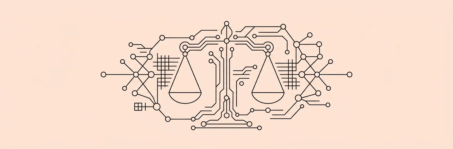 digital legal scales integrated into a glowing artificial intelligence node network