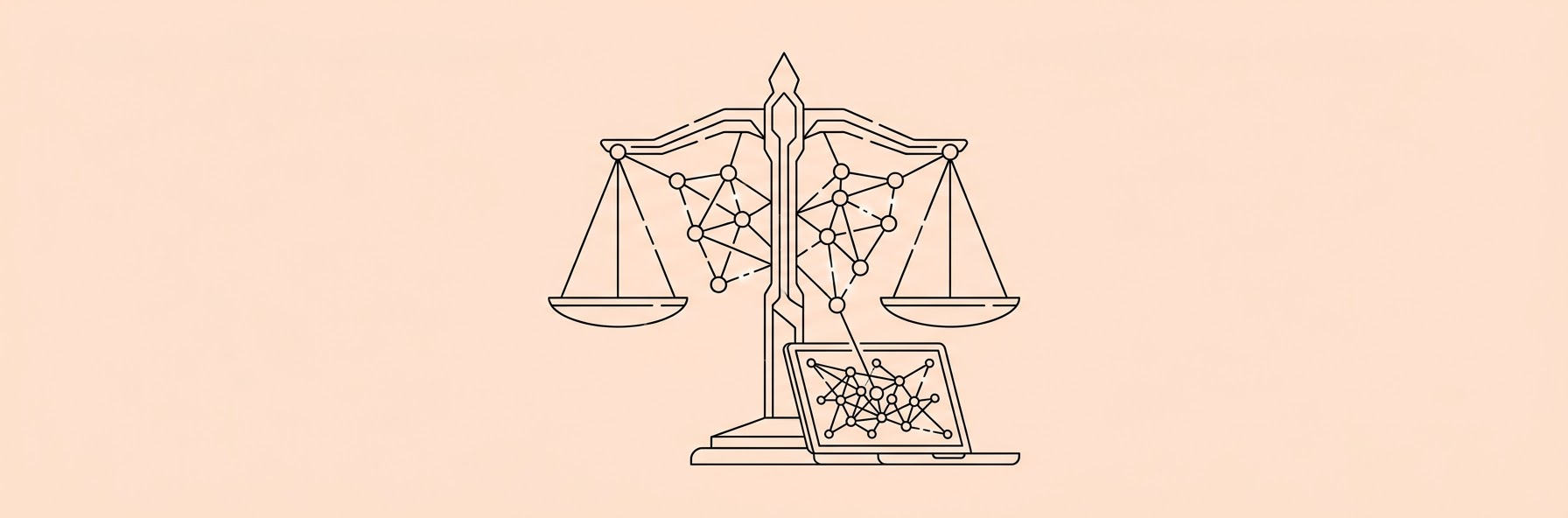 futuristic glowing scales of justice integrated with a neural network and a laptop screen