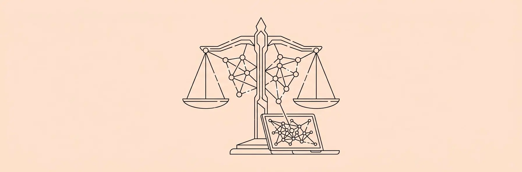 futuristic glowing scales of justice integrated with a neural network and a laptop screen