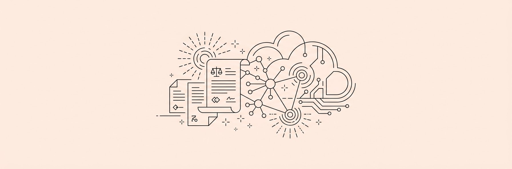digital legal documents merging with glowing AI nodes in a modern cloud environment