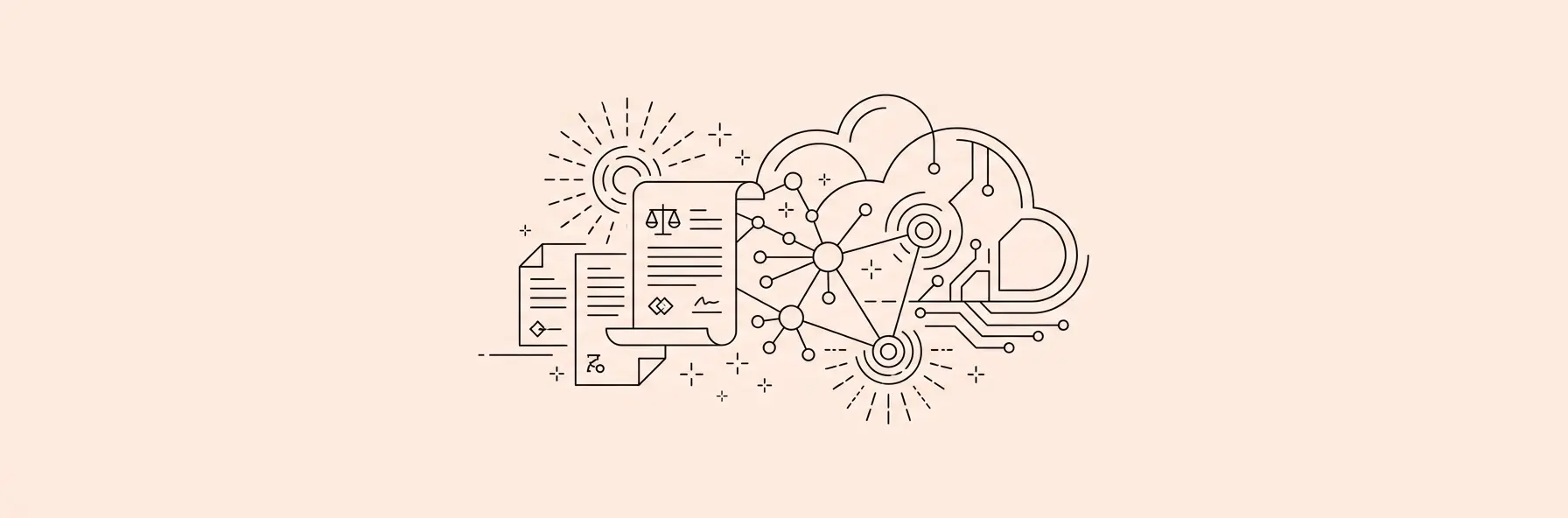 digital legal documents merging with glowing AI nodes in a modern cloud environment