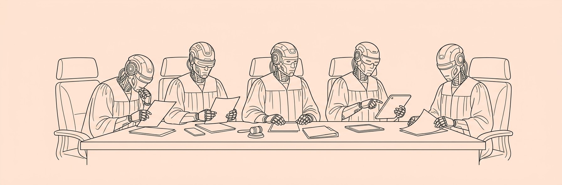 five futuristic robotic judges in a courtroom looking at documents