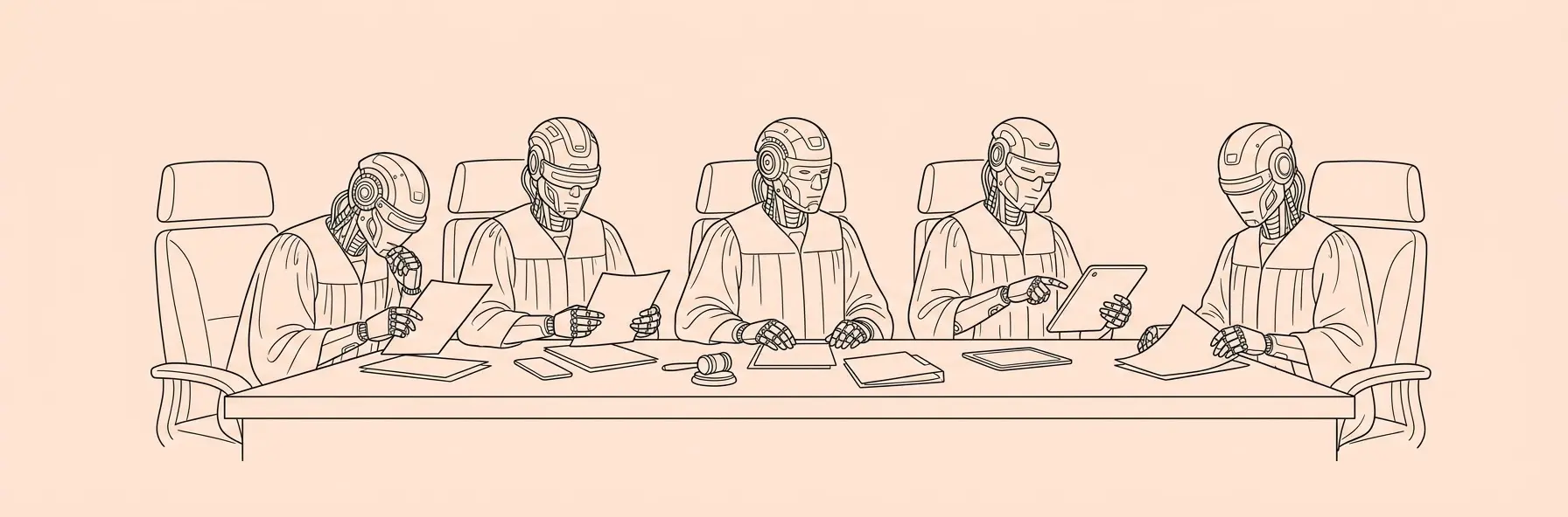 five futuristic robotic judges in a courtroom looking at documents