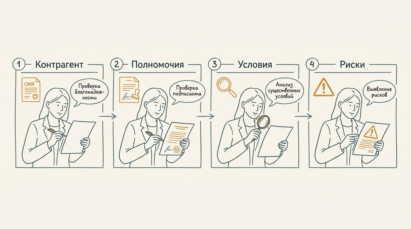 Схема проверки договора в четыре шага: контрагент, полномочия, условия, риски