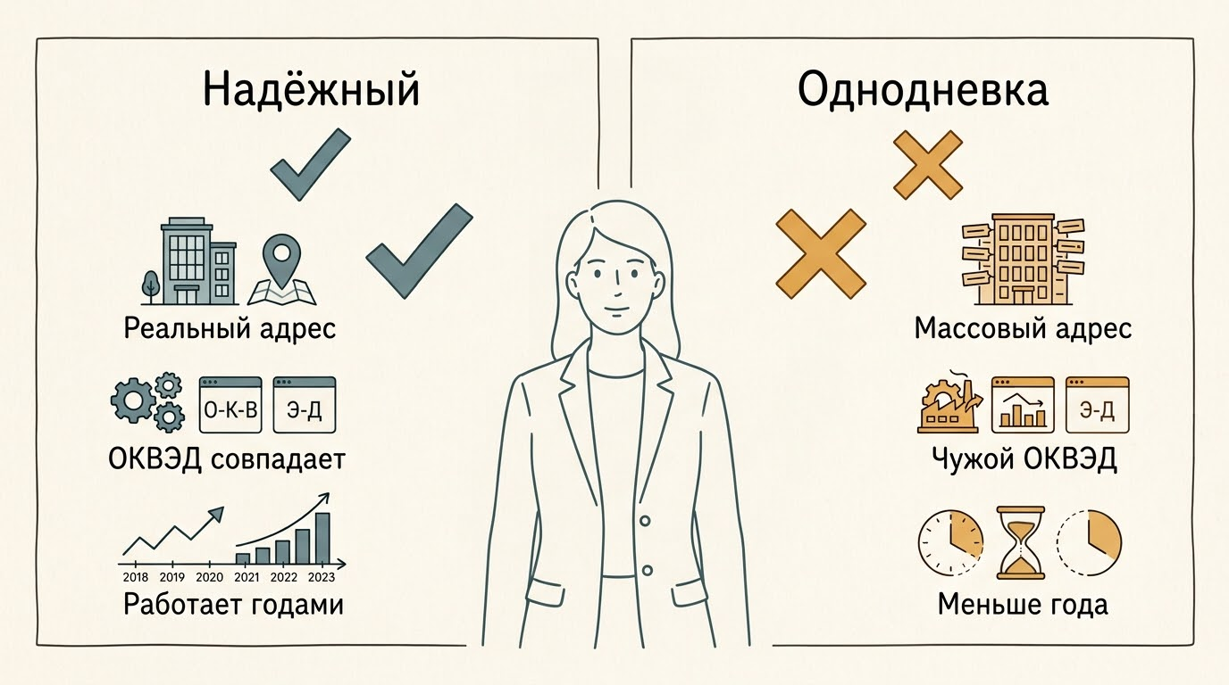 Сравнение надёжного контрагента и фирмы-однодневки по адресу, ОКВЭД и сроку работы